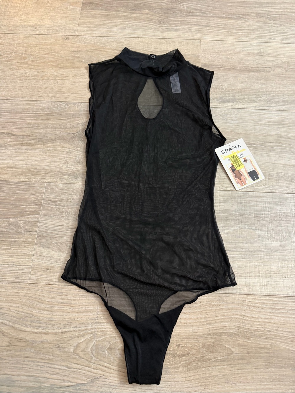 NWT SPANX sheer mock neck Black Mesh Bodysuit